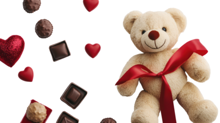 Valentine teddy bear with hearts and chocolates on transparent background