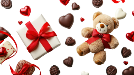 Valentine's day gift bear and chocolates on transparent background