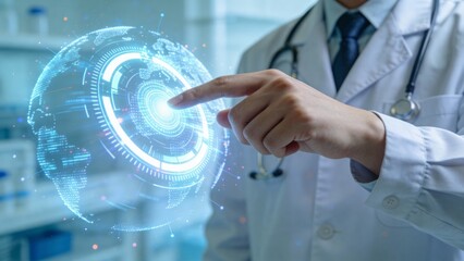 Doctor interacting with digital globe interface