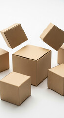 Obraz premium Brown cardboard boxes levitate against white background, creating a minimalist product display, ideal for showcasing packaging design or branding concepts, free space for text