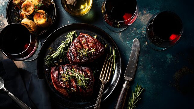 Top-down view of grilled steak and red wine dinner for two on dark table, perfect for food blogs, romantic meal promotions