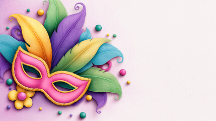 Bright carnival masks decorated with colorful feathers, arranged with copy space, representing festive celebration, costume culture and carnival tradition.