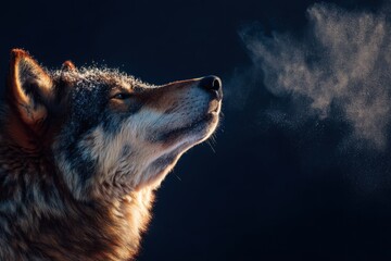Wolf appears in cold environment with breath visible in the air, fur covered with frost, showcasing winter scene