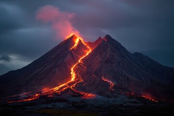 Lava flows from the volcano, illuminating the dark sky as smoke rises into the air during a dramatic eruption at twilight