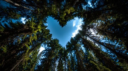 Fototapeta premium Heart-shaped opening in forest canopy revealing cloudy blue sky, perfect for nature blogs, environmental campaigns