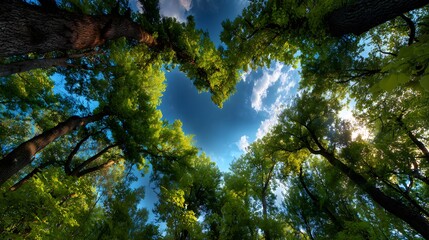Fototapeta premium Heart-shaped opening in forest canopy revealing cloudy blue sky, perfect for nature blogs, environmental campaigns