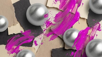 Metallic spheres with pink paint strokes on torn paper