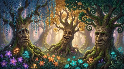 Fototapeta premium Whimsical trees with faces surrounded by colorful flowers in a forest 