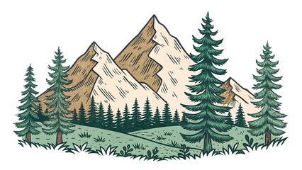 Vector illustration of a festive Christmas tree in a snowy winter forest landscape featuring pine and fir trees for a New Year celebration card design