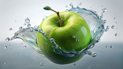Fresh green organic apple falling into a splash of clear water with wet juicy fruit isolated on white background for healthy food diet