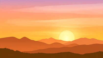 Obraz premium A serene panoramic vista. Mountains form the silhouette against a gradient sky, with the sun setting, casting warm orange light