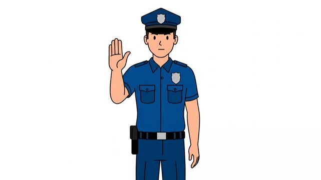 3. Clean 2D animated full-body traffic police signaling stop with palm forward, steady stance, minim