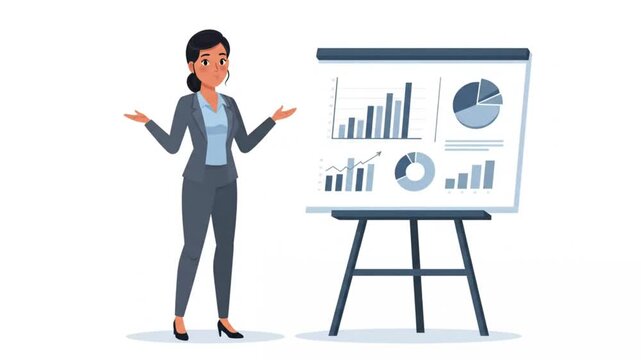 4. Detailed 2D full-body office employee presenting charts with open arms and upright posture, confi