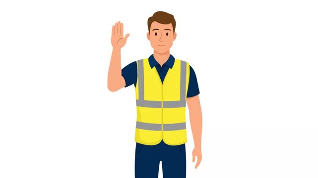 3. Full-body 2D animated parking attendant standing and raising one hand to signal stop, wearing saf