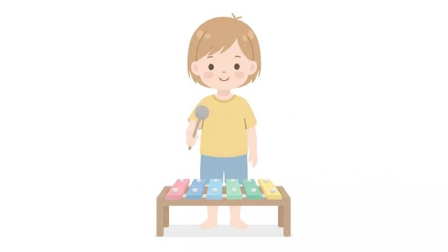 5. Animated small child plucking ukulele strings gently, minimal hand motion, soft muted palette, wh