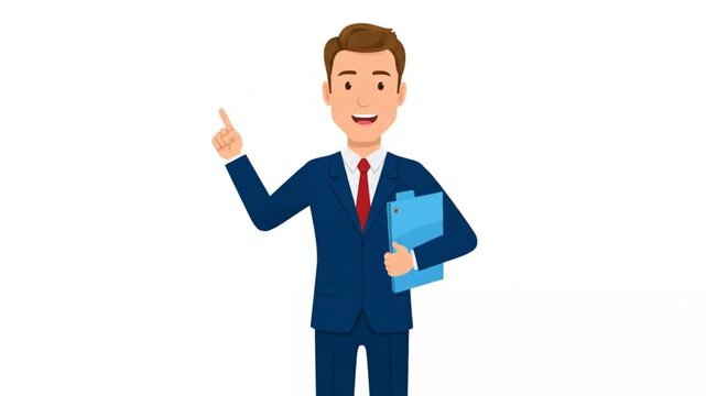 11. Full-body 2D animated insurance agent holding policy folder and pointing at document, slow loopi