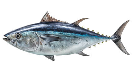 Fresh raw mackerel fish isolated on white background is a healthy seafood ingredient and natural freshwater catch featuring silver scales, fins, and tail for a delicious meal