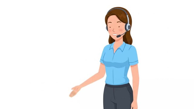 16. Full-body 2D animated call center agent wearing headset and gesturing politely with one hand, su
