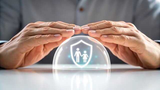Protecting family concept with hands shielding glowing shield icon on table