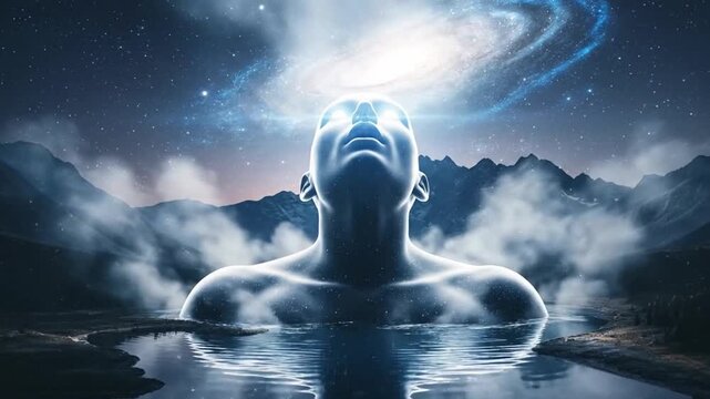 Surreal glowing head rising from lake under galaxy, sci-fi movie poster, meditation apps or tech innovation