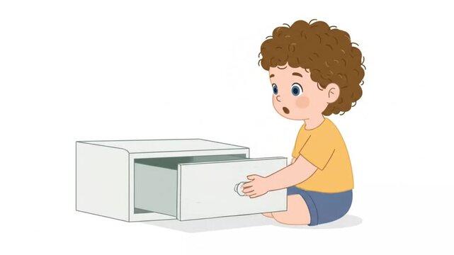 23. Animated child age 3&ndash;5 sliding toy drawer open and closed, controlled motion, flat muted style,