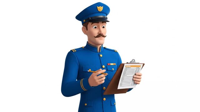 22. Full-body 2D animated train station officer checking timetable on clipboard, subtle nodding moti