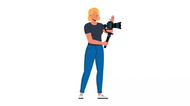 27. Full-body 2D animated videographer holding camera rig steady, subtle posture shift, white backgr