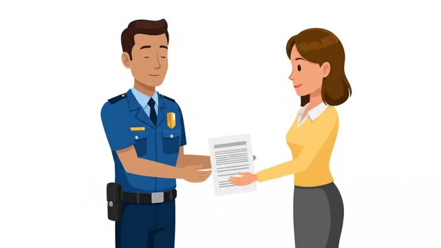 29. Full-body 2D animated public service officer assisting citizen with document, polite posture, mi