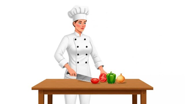 33. Full-body 2D animated chef chopping ingredients on table, slow repetitive hand motion, white bac