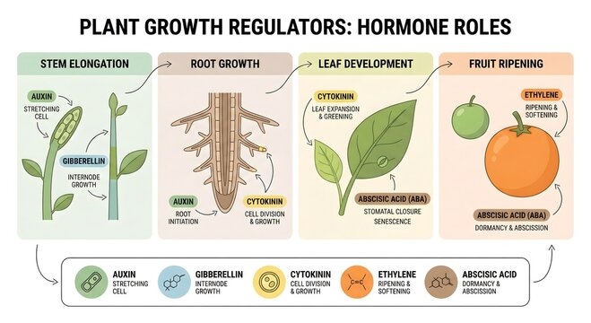 Plant Growth Regulators and Hormone Roles: A comprehensive scientific illustration detailing the fundamental roles of plant growth regulators.
