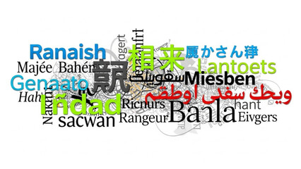 Obraz premium Multilingual word cloud graphic with various languages and colors