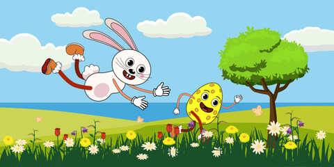 Easter egg hunt banner, bunny hunting for egg. Spring meadow, city park, landscape
