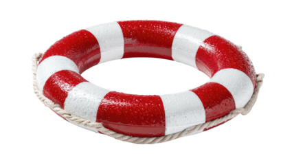 3D isolated red and white lifebuoy ring with a safety rope on a white background representing a rescue object for SOS security and life saver assistance