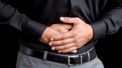 Office worker with stomach ache, Professional experiencing intense pain in lower abdomen region