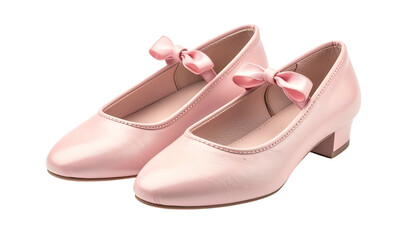 Pair of pastel pink Mary Jane style heels with bows, isolated against black