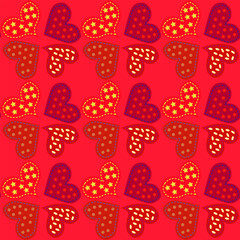patchwork pattern featuring stitched red hearts 