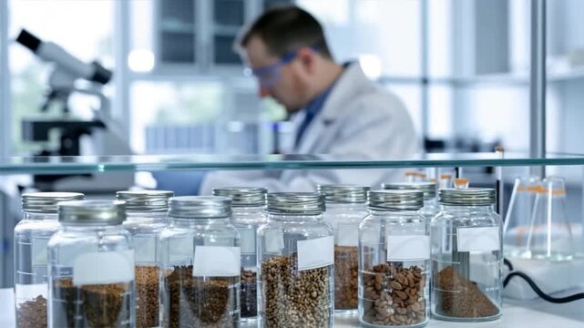 scientist analyzing soils samples in glass jars in a modern laboratory setting.