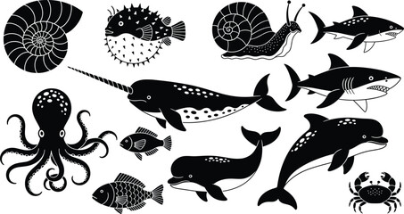 Black silhouette set of marine animals including whales, sharks, octopus, fish, and sea creatures illustration © MdShakil