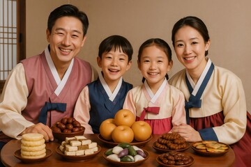 Korean family wearing hanbok, smiling happily while celebrating Chuseok holiday with traditional food on a wooden table