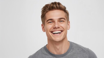 Professional lifestyle portrait featuring a young Caucasian man laughing naturally. White seamless background, balanced lighting, fresh and approachable mood ideal for advertising.