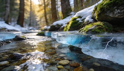 A small stream edge where the ice is receding, revealing lush moss and tiny green shoots. The water is crystal clear, reflecting the pale blue sky of a crisp March afternoon.