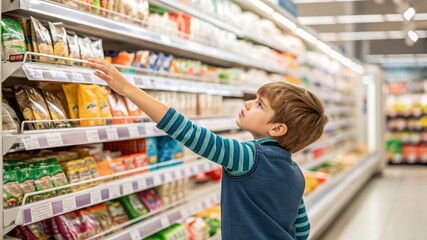 Processed foods cause cancer. A child reaching for colorful packaged snacks in a vibrant setting.