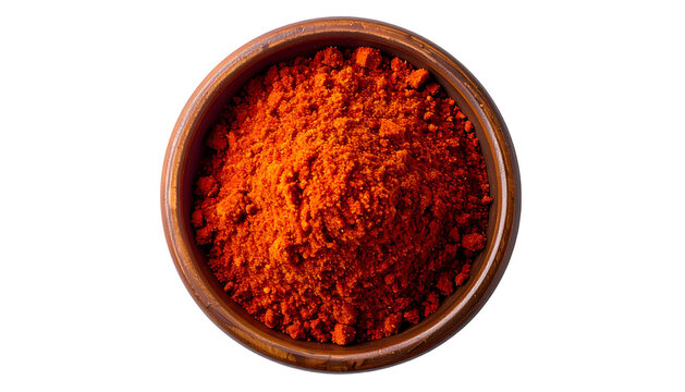Overhead shot of a rustic wooden bowl filled with vibrant red-orange spice powder