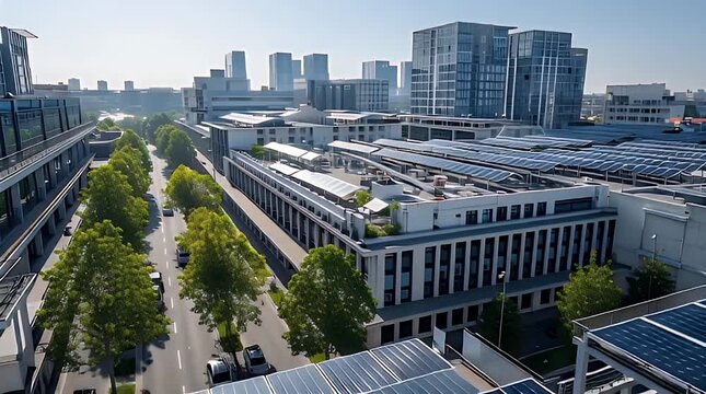 Solar Panels Installed On Modern City Buildings Under Clear Blue Sky
