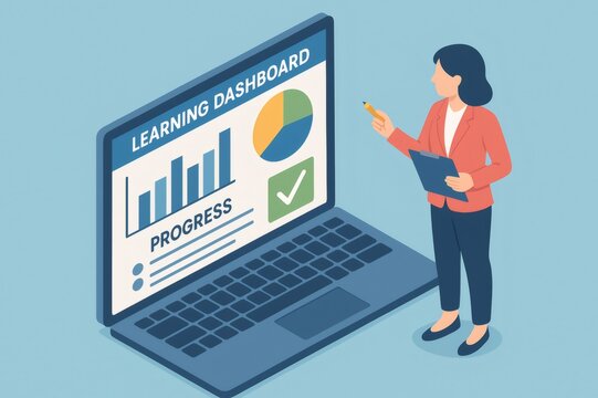 Teacher evaluating learning dashboard showing student progress and performance analytics, planning digital education strategies