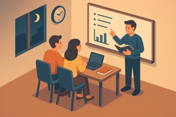 Teacher guiding two adult students studying with laptop and books during an evening class session. Learning and education concept