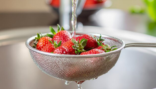 Fresh strawberries being washed under running water in a metal strainer over a kitchen sink