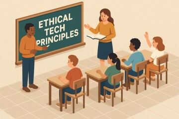 Teachers educating diverse students about ethical technology principles in a classroom setting, promoting responsible innovation and digital citizenship