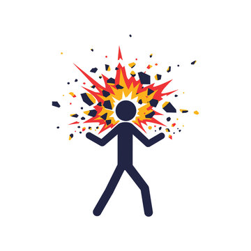 mental overload concept depicting an abstract stick figure with an exploding head to illustrate extreme stress pressure and work burnout