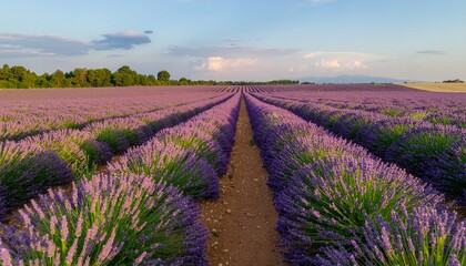 Fototapeta premium Lavender field with rows of purple flowers stretching towards the horizon under a serene blue sky